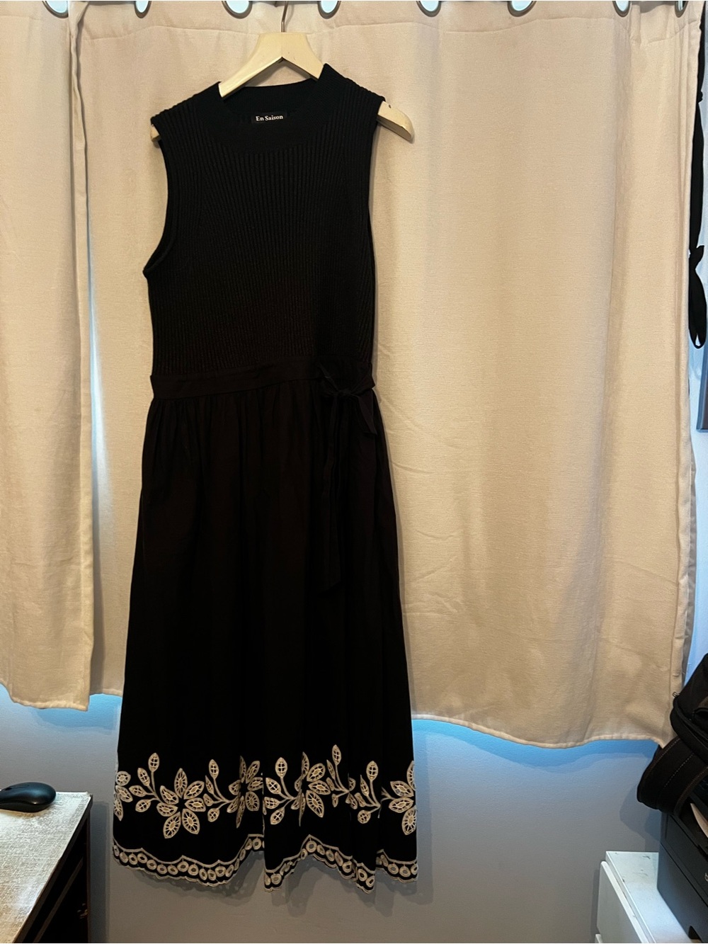 Sleeveless Black Midi Dress with Contrast Embroidered Hem